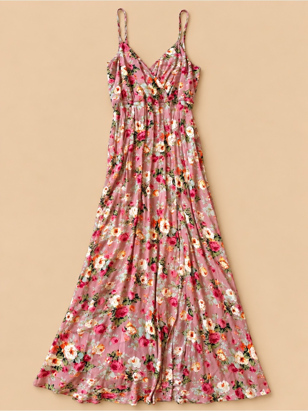 Pink Floral Maxi Dress with Spaghetti Straps